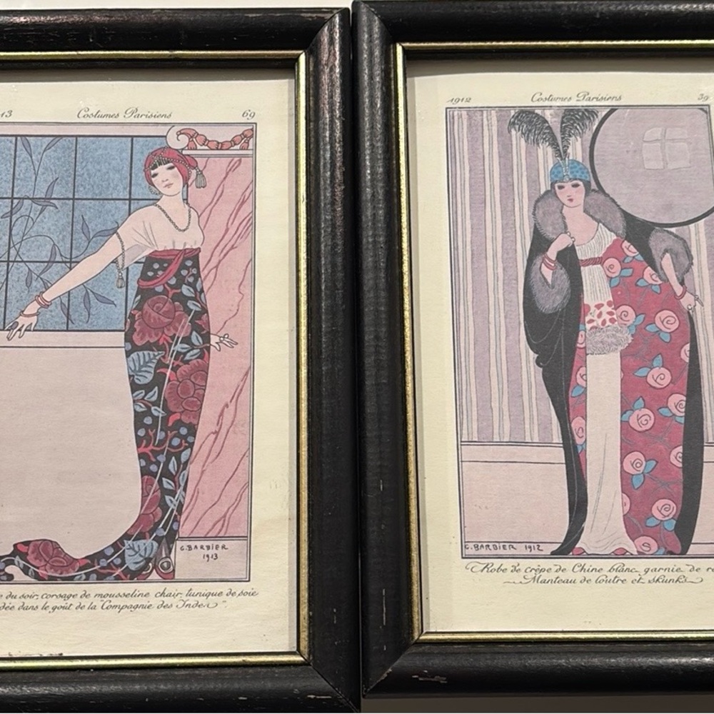 Vintage Art Deco Fashion Art Prints Set of 2  C. Barbier 1912 - Black Red Pink